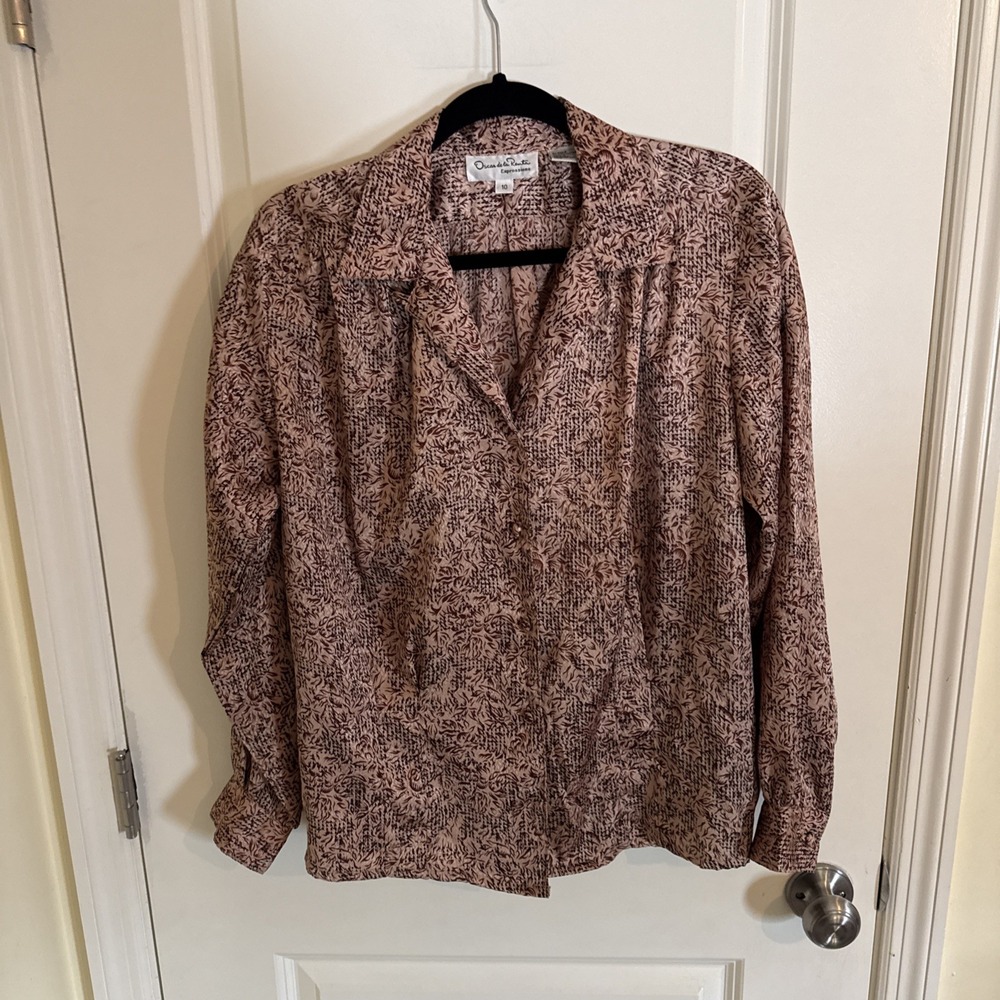 VTG Oscar De La Renta Expressions Women's 10 Tan Abstract Blouse Top Button Up
